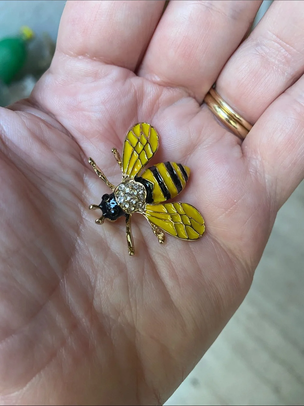 Yellow Black Bee Brooch with Rhinestone Accent